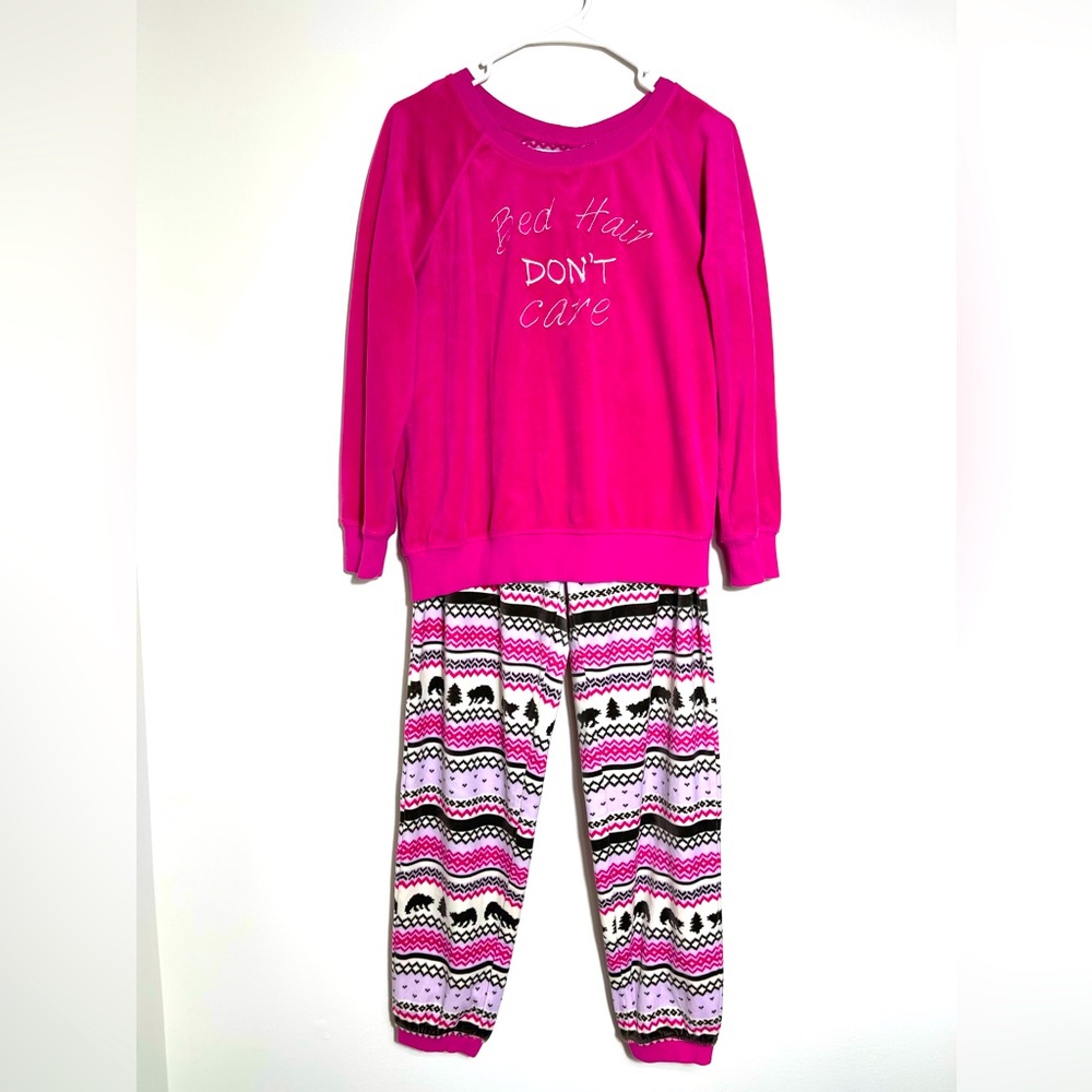 Muk Luks Women's Velour Top & Pants 2-Piece Pajama Set Pink Multi-Color Size M